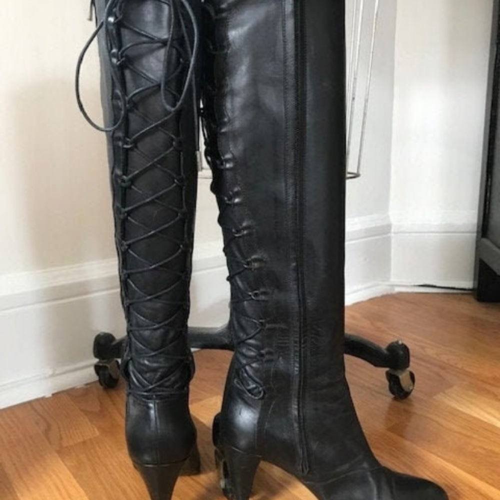 Black vintage Sigerson Morrison with lace up scallop back Knee High Boot